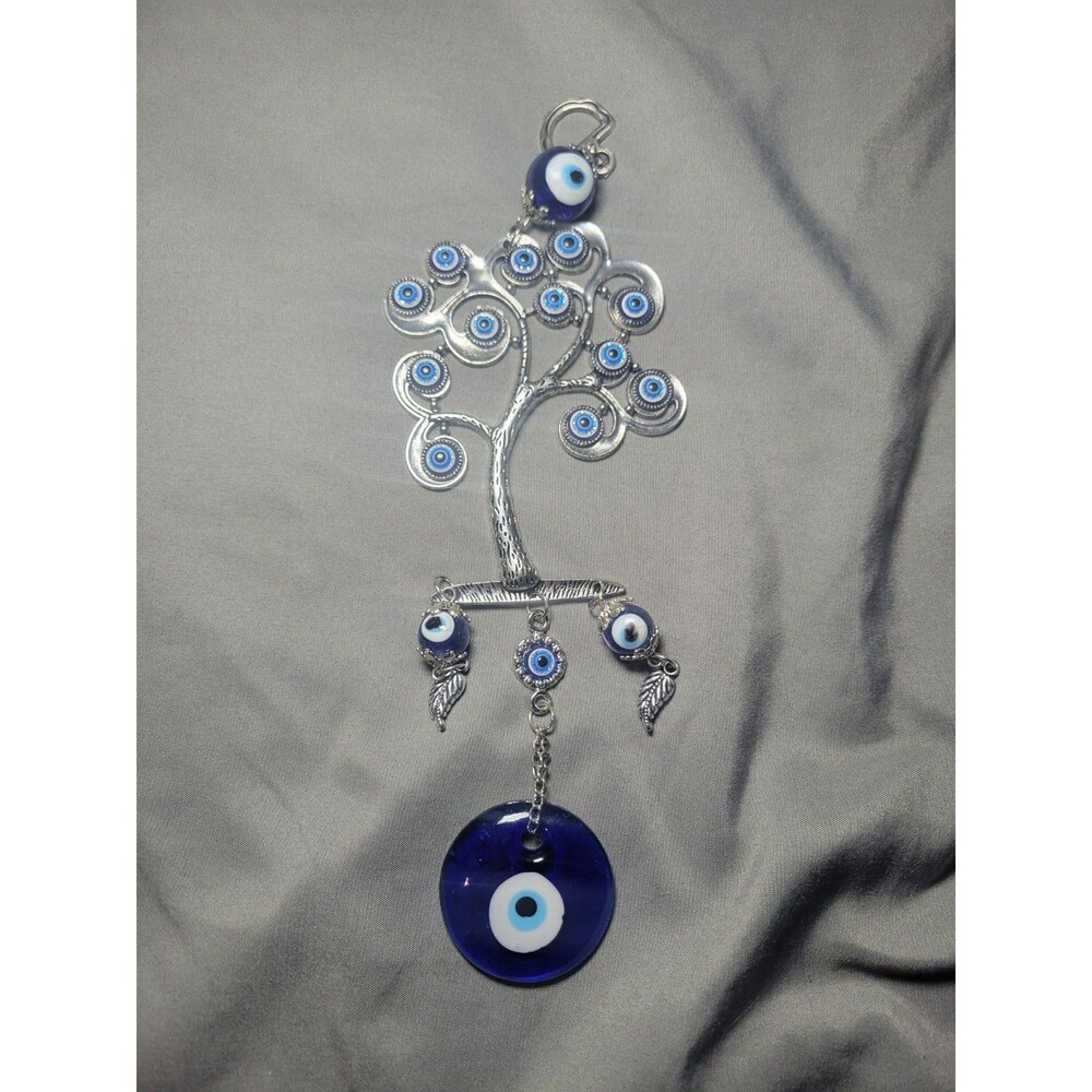 Evil Eye Tree of Life Blue Glass Hanging Suncatcher Mobile, 10 Inch